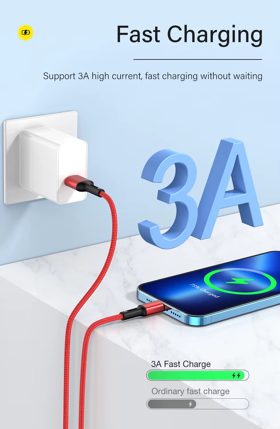 3A USB Cable for Iphone 14 13 12 11 Pro Max X XR 6S 7 8 plus 2M 3M Lead Mobile Phone Fast Charging Cord Data Charger Wire
